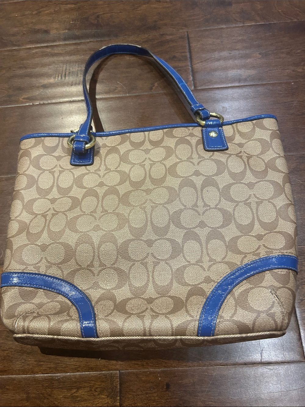 Coach Tan Signature Canvas Tote with Blue Leather Trim - Picture 2 of 4